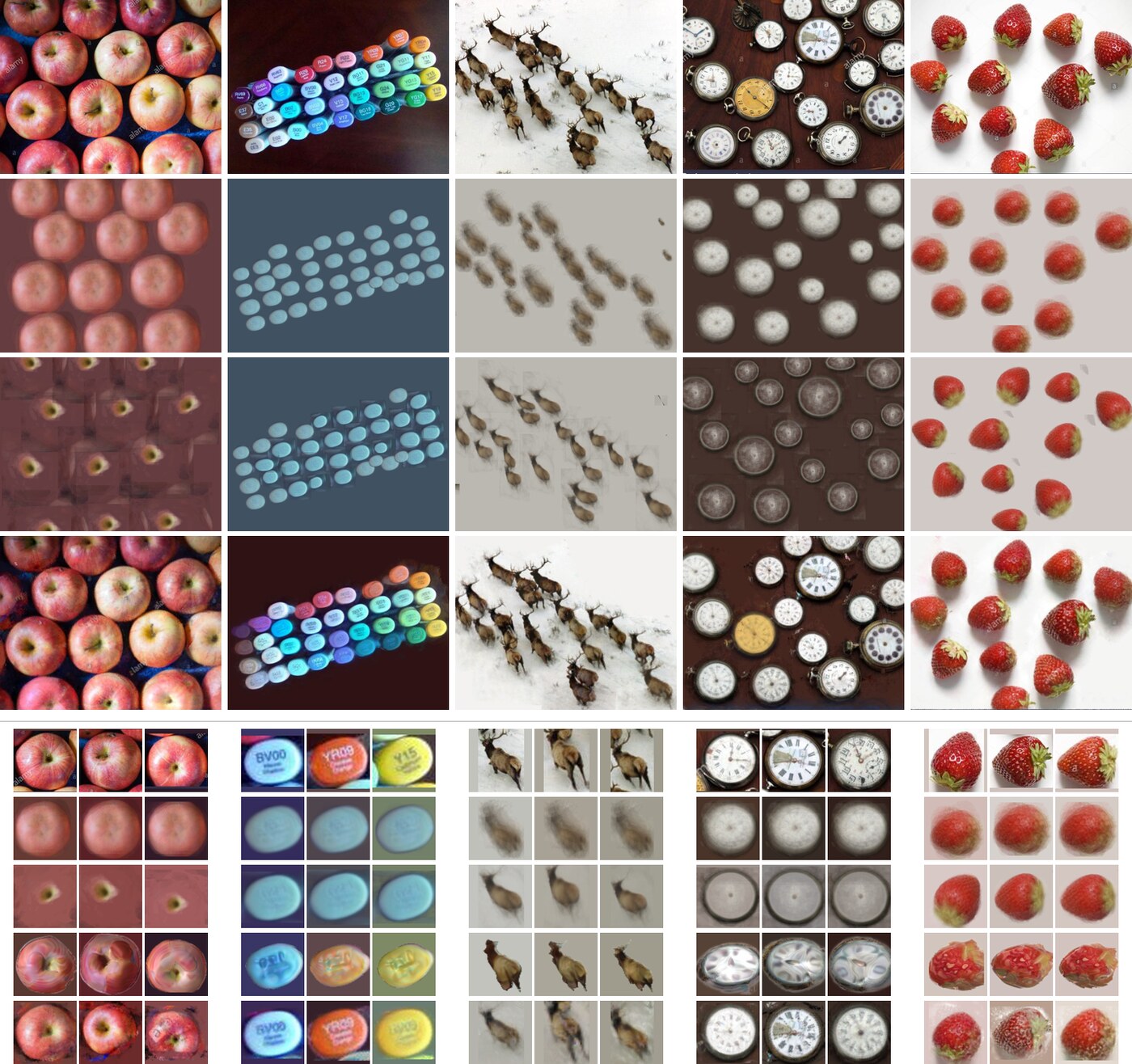 Qualitative comparison across five categories: apples, marker pens, elk, watches, and strawberries. Rows show input/GT, Average, SpaceJAM, a 3D baseline, and Ours, plus per-method prototype crops.