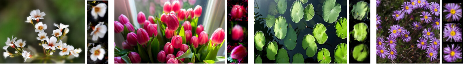Additional qualitative results on natural repeated-element images: flowers, tulips, lily pads, and asters, each with the discovered per-instance crops shown alongside the input.
